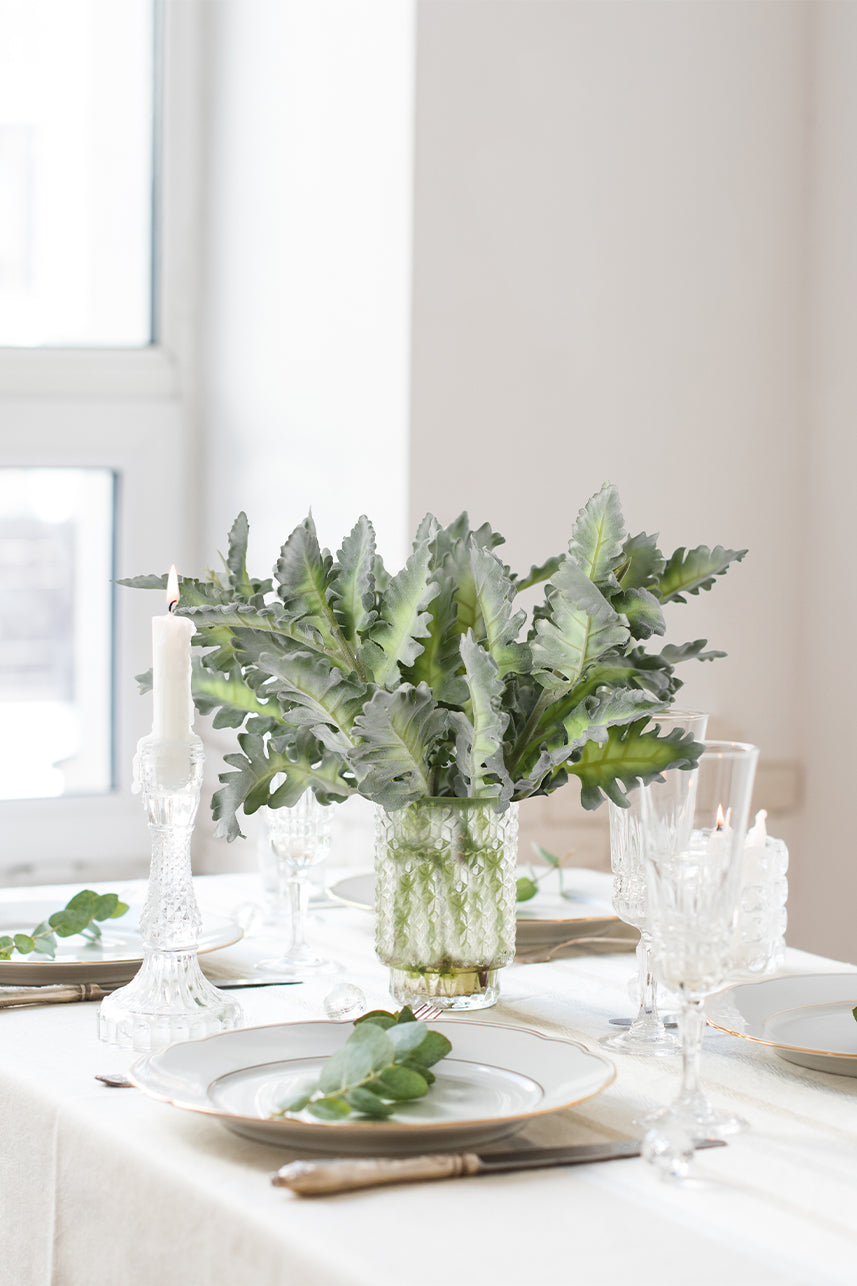 Add a bit of greenery to your home. Artificial senecio cineraria are a good choice for you, placed in a glass vase.