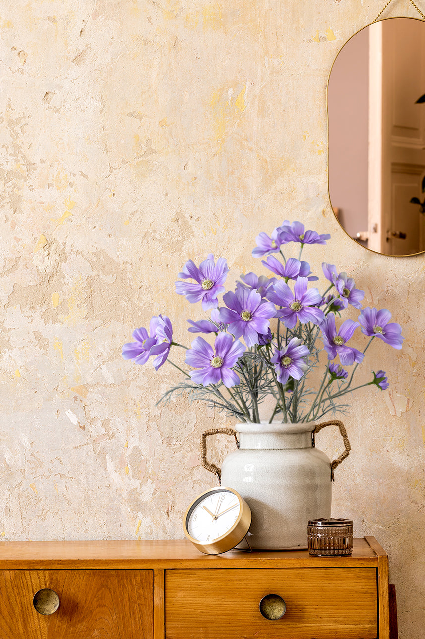 &quot;Radiant light purple artificial Cosmos flowers elegantly arranged in a ceramic vase, enriching the living room decor with their enchanting beauty and soothing vibes.