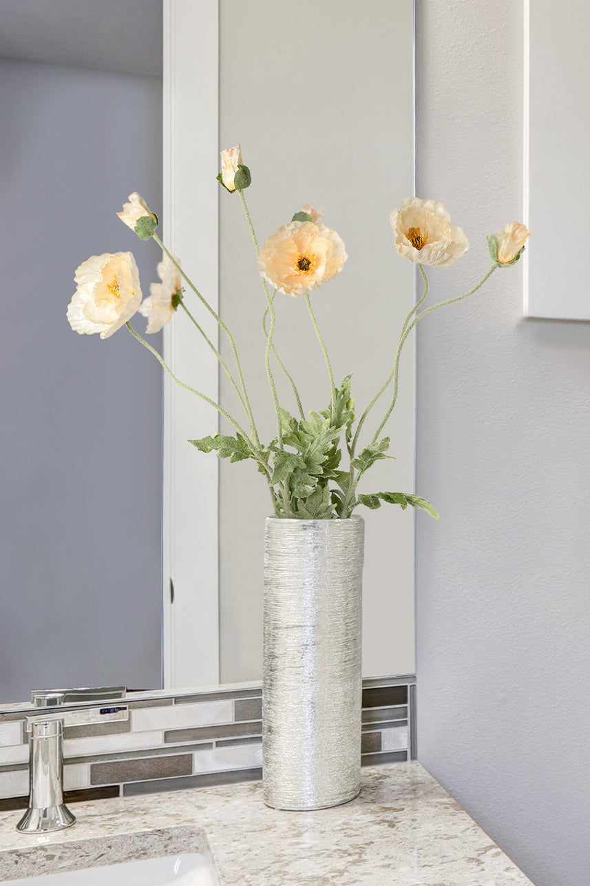 Transform your bathroom into a serene oasis with the delicate beauty of this lifelike peach Iceland poppy flower.
