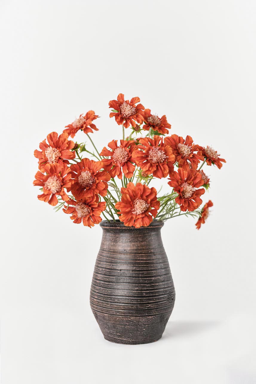 Faux Scabiosa atropurpurea flowers in orange arranged in a vase for a beautiful floral display.