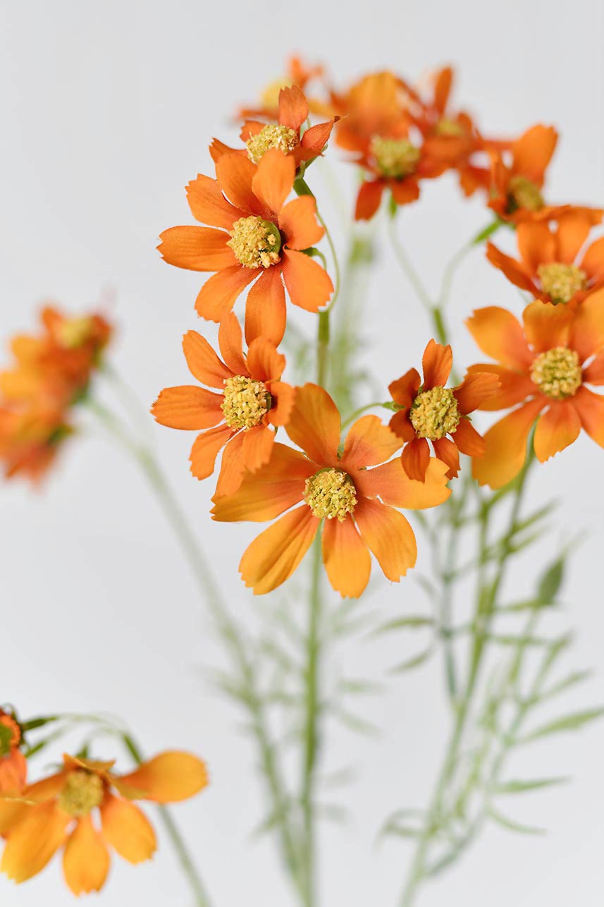 A close-up shot of an artificial orange cosmos flower with a green stem and leaves.