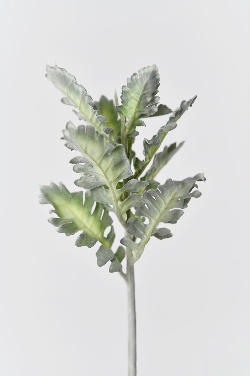 A tall vase filled with artificial branches of green faux Senecio Cineraria. The leaves look natural and lifelike, adding a realistic touch to the display.