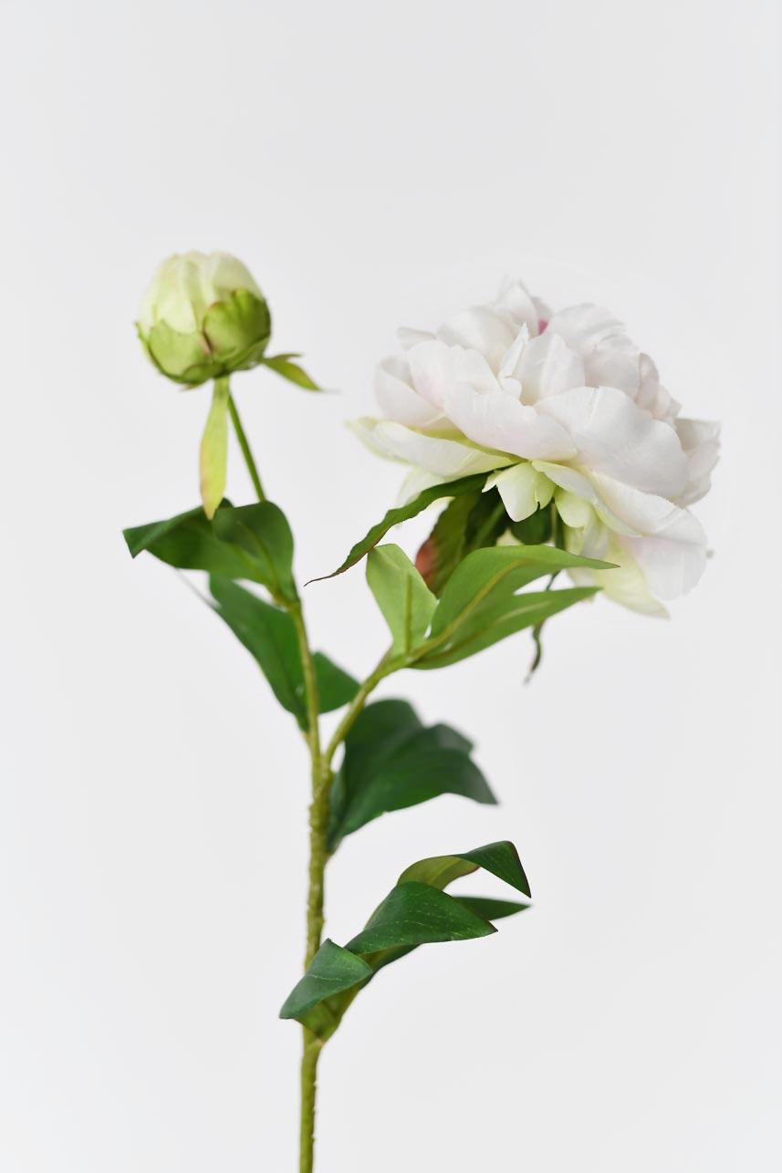 A side view close-up of realistic faux phoenix peony flowers with layers of cream white realistic petals.