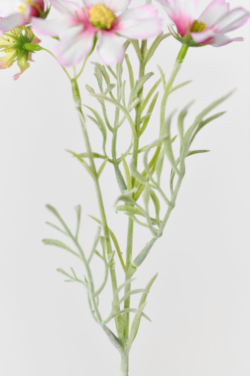Lifelike artificial cosmos blooms with intricate details and realistic green leaves and stem.