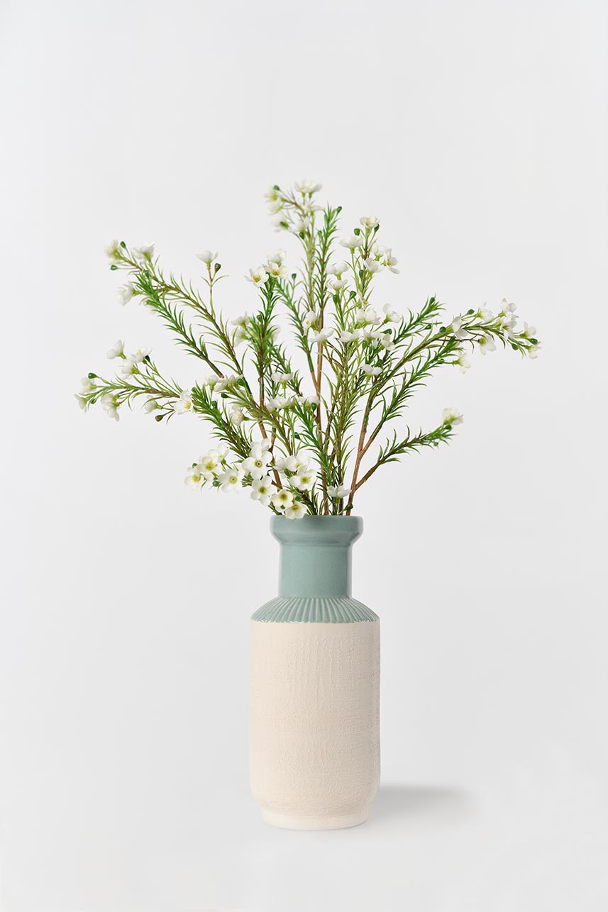 Faux cream white Chimonanthus Praecox silk flowers, 24-inch tall, blooming in white vase