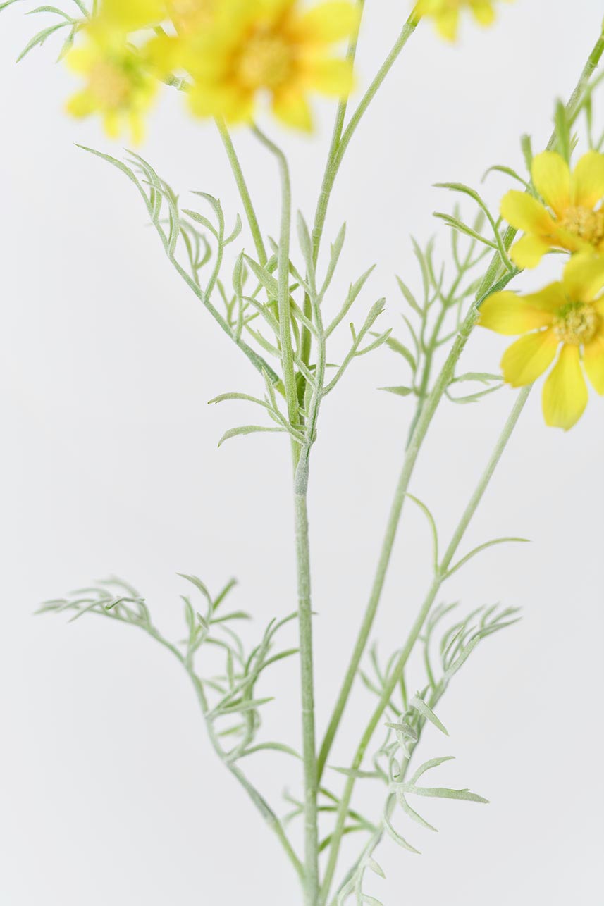Detailed description of the leaves and stems of faux yellow Cosmos flowers.