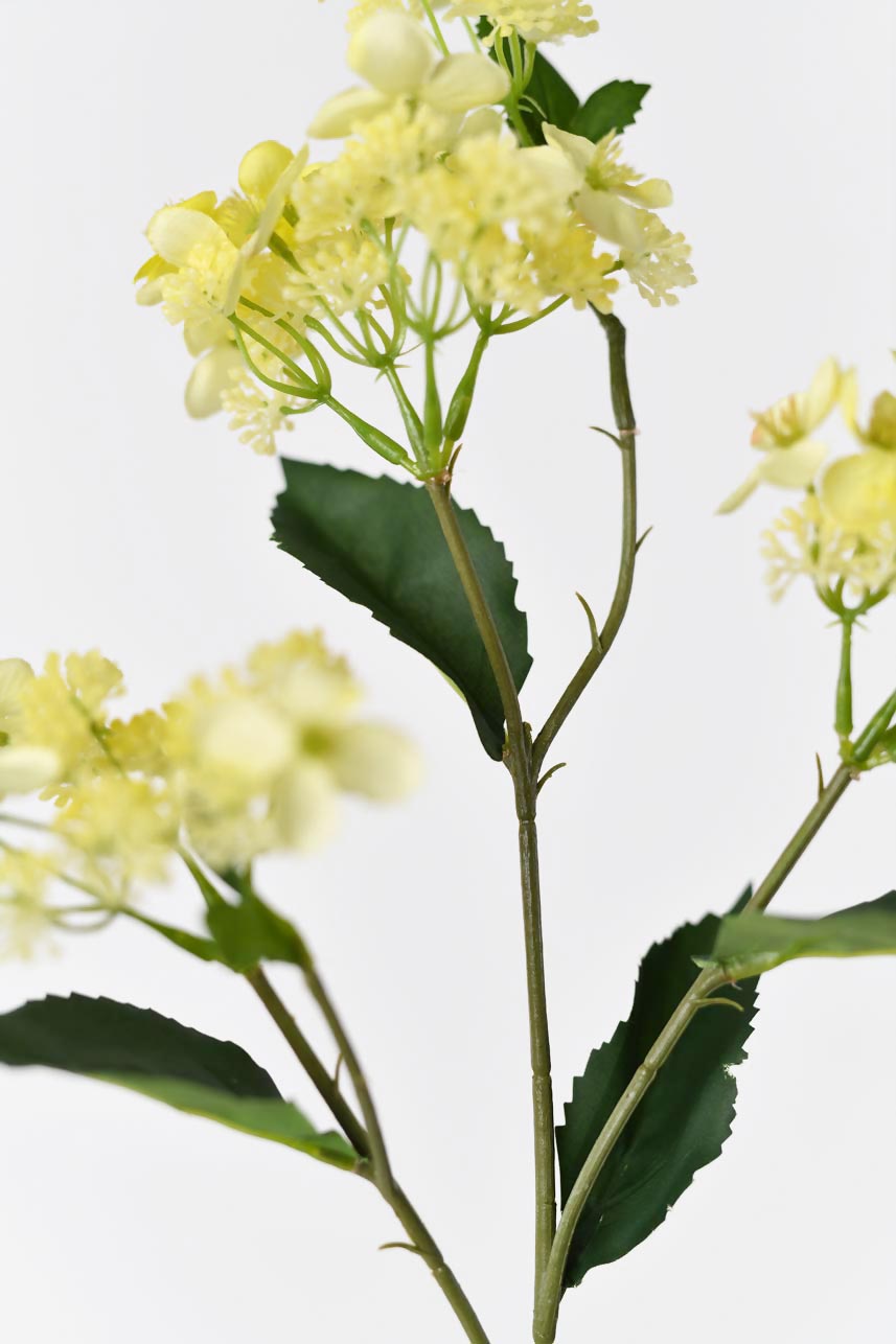 Realistic faux yellow Hydrangea Hortensia flowers, 27-inch with bright green leaves.