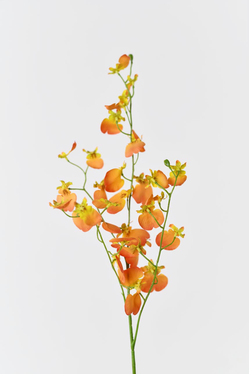 An artificial arrangement of blooming orange dancing orchid flowers. The blooms look lifelike, adding a touch of nature to any room.