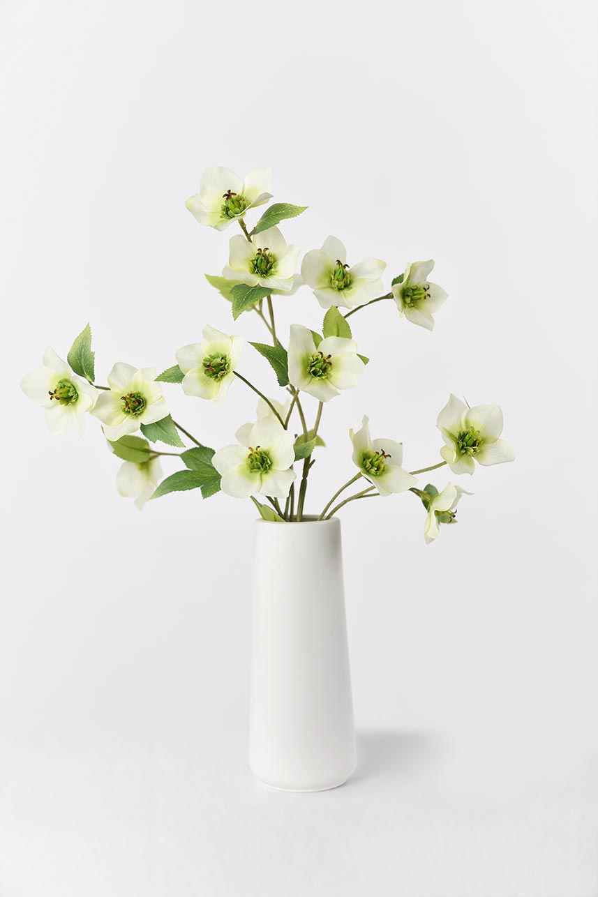 Artificial Soft Green Helleborus Blossom Branch with Floral Vase, 19 Inches Tall.