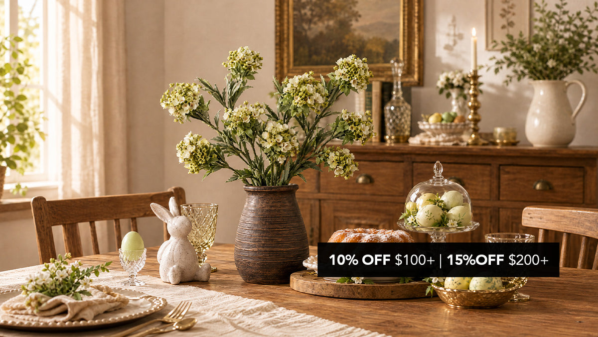 White realistic 31-inch sweet alyssum artificial flowers centerpiece on rustic wooden dining table for Black Friday 2026 promotional banner.