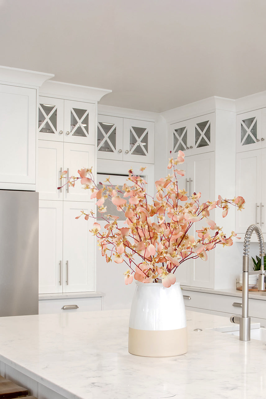 The coral pink dancing orchid looks more dynamic in a white scene and makes a great floral arrangement when it is placed in a light-colored vase.