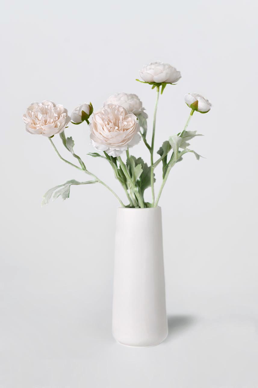Artificial real-looking Ranunculus flowers, gorgeous arrangements in a white vase, adding natural charm to any space.