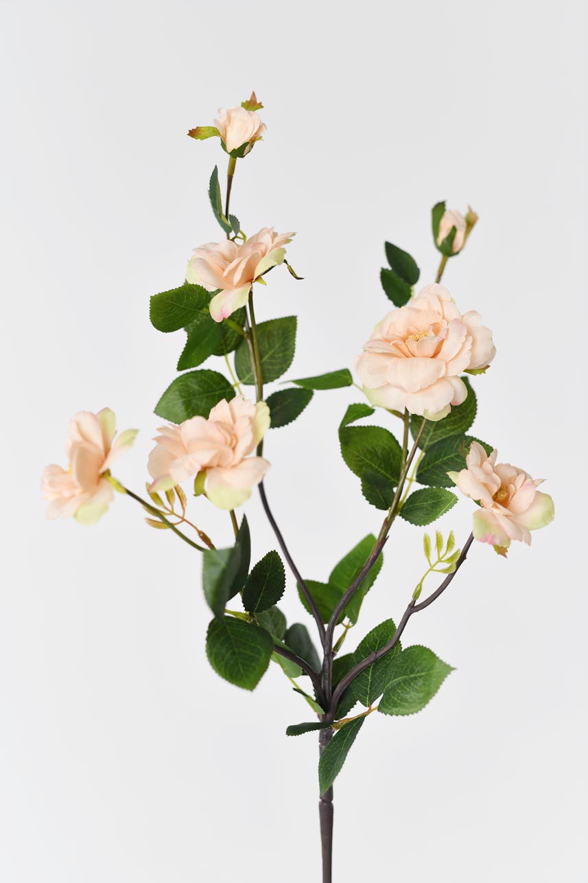 A beautiful peach-colored artificial Iceberg rose with realistic petals, long stem and green leaves. Perfect for home decor or special events.