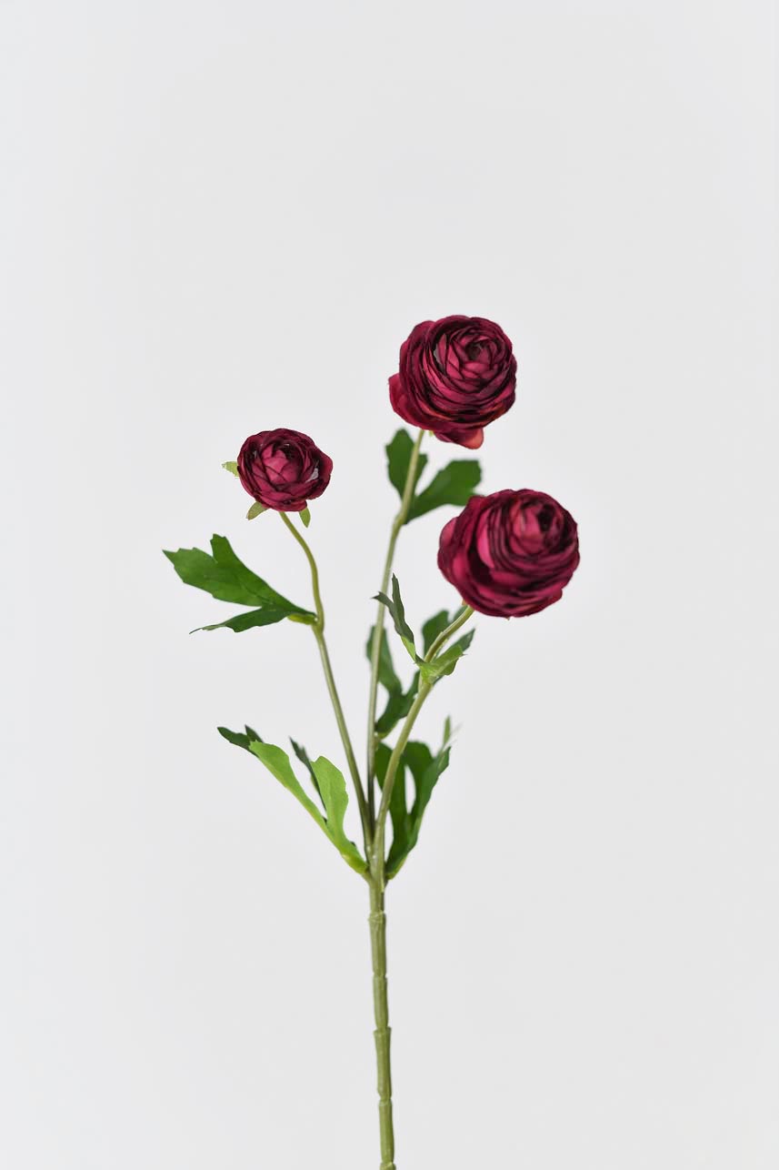 Artificial silk Ranunculus flower stem in red color, measuring 17 inches in length
