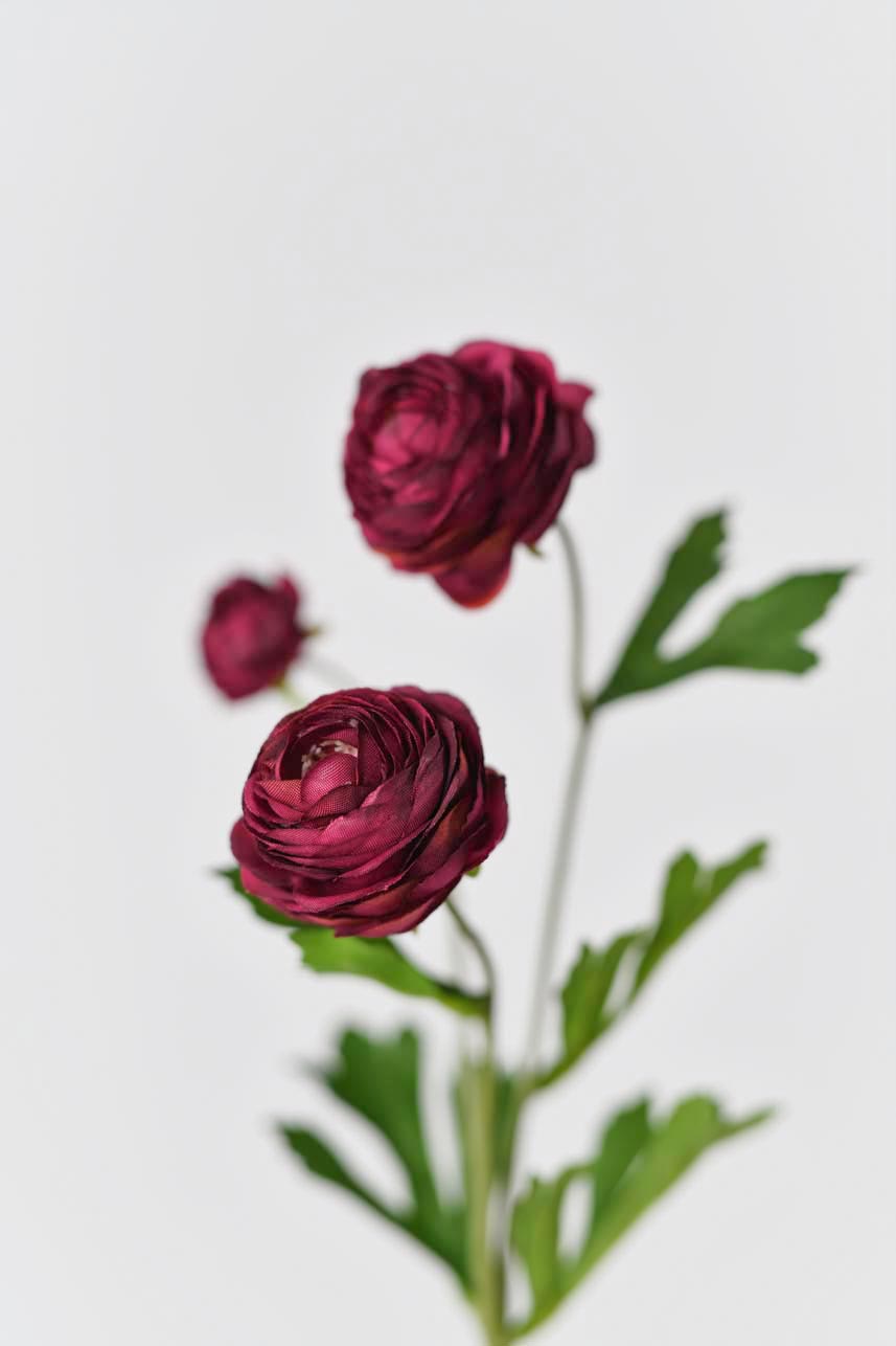 Artificial silk Ranunculus flower stem in red color with realistic-looking petals, measuring 17 inches in length