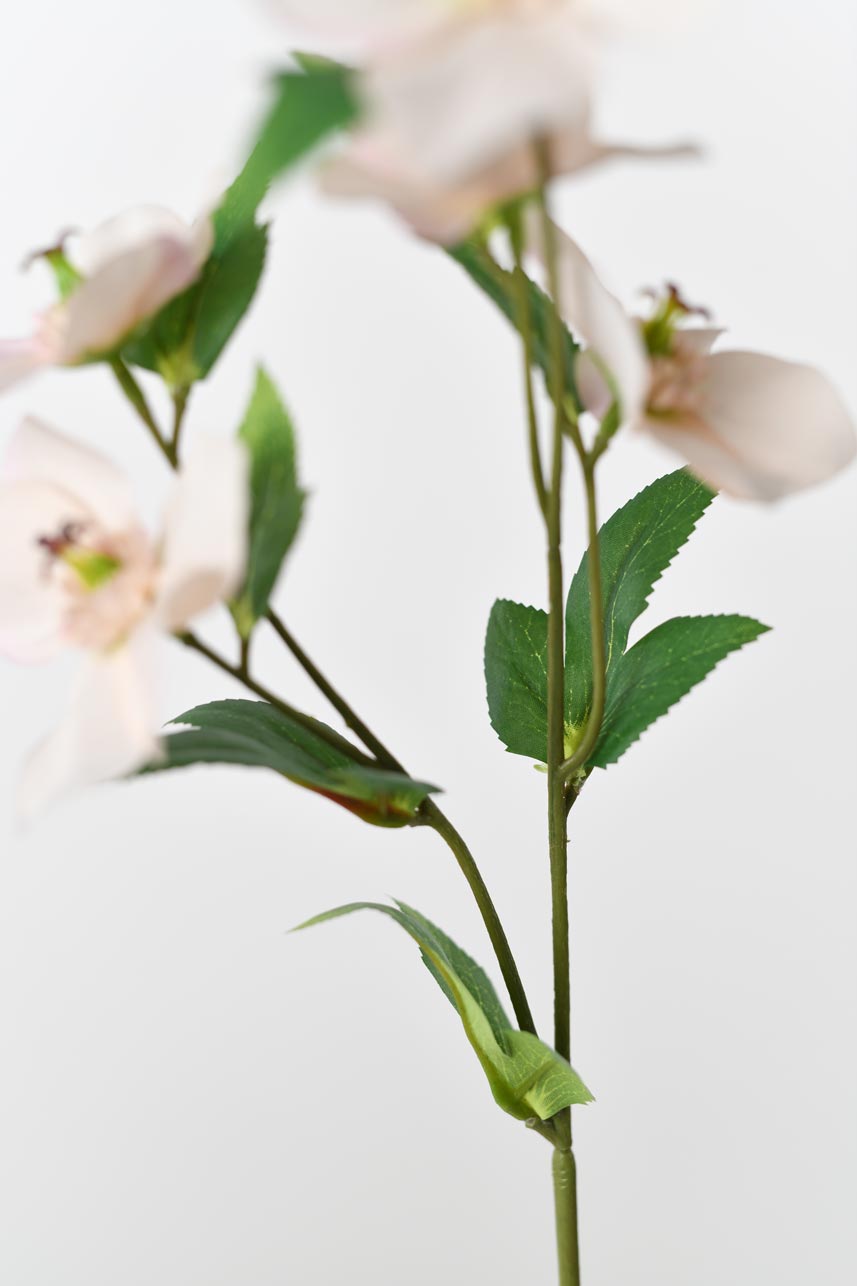 A close-up detail of Helleborus silk flowers, creates a textured medley of foliage, contrasted by peach-pink flower petals.