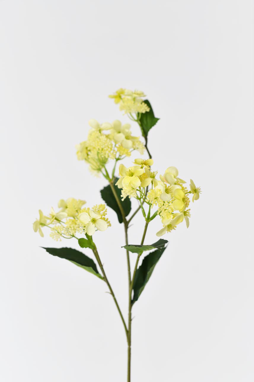 Artificial yellow Hydrangea Hortensia flower, 27-inch tall.