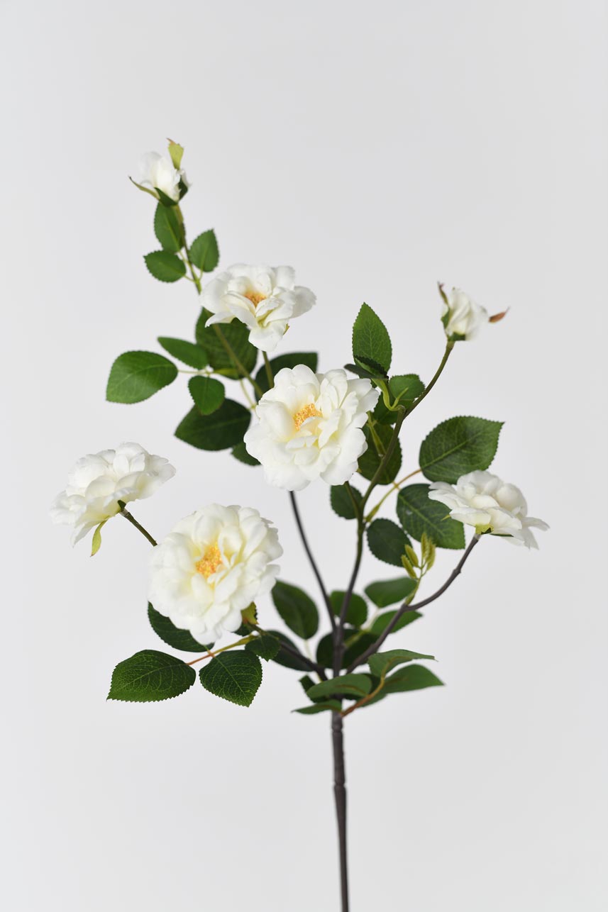 Hand-crafted Iceberg Rose artificial flowers with realistic colors, white petals and yellow central stamens.