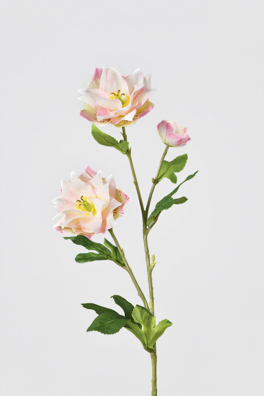 The artificial faux flowers are in full bloom and there are three blooms in total. The slender stems and green leaves are a great reproduction of the real flowers.