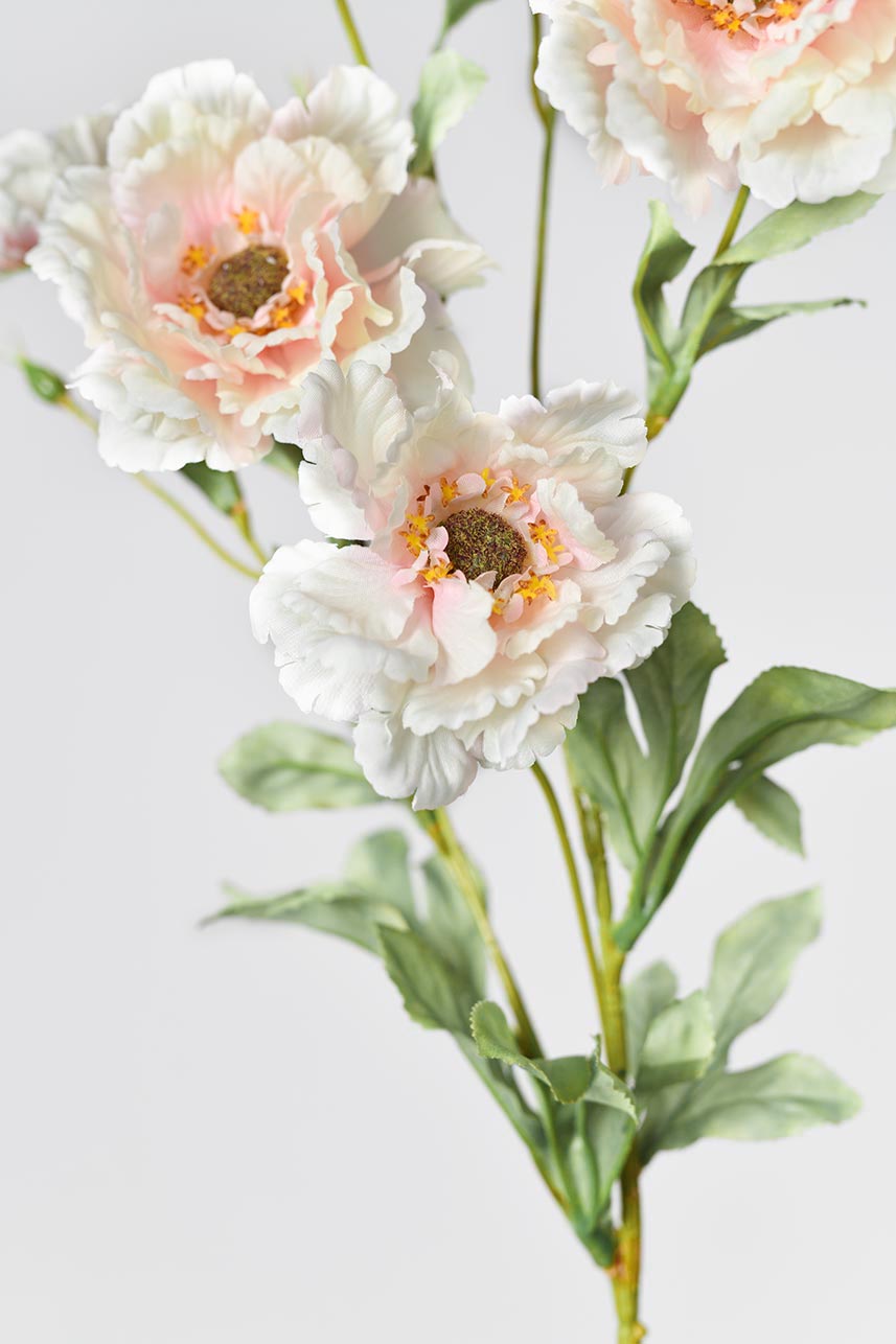 Detailed close-up of faux oft pink lotus crane peony flowers&