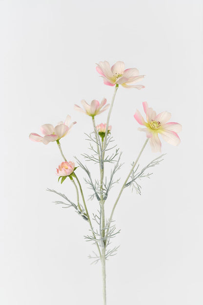 A detailed description of the green leaves and brown stems, completing the authentic look of these artificial Cosmos flowers.