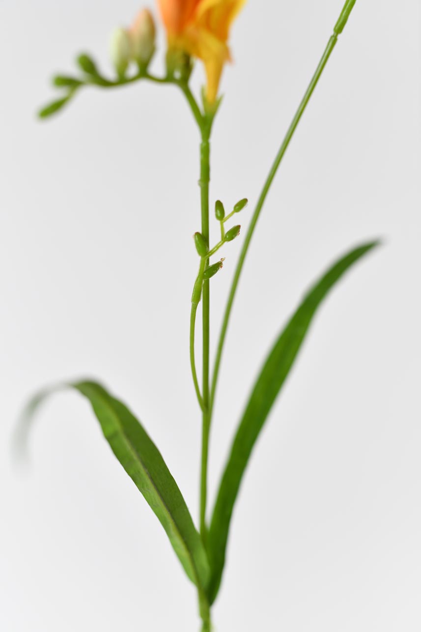 A lifelike and stunning artificial freesia flower in orange color with faux stems.