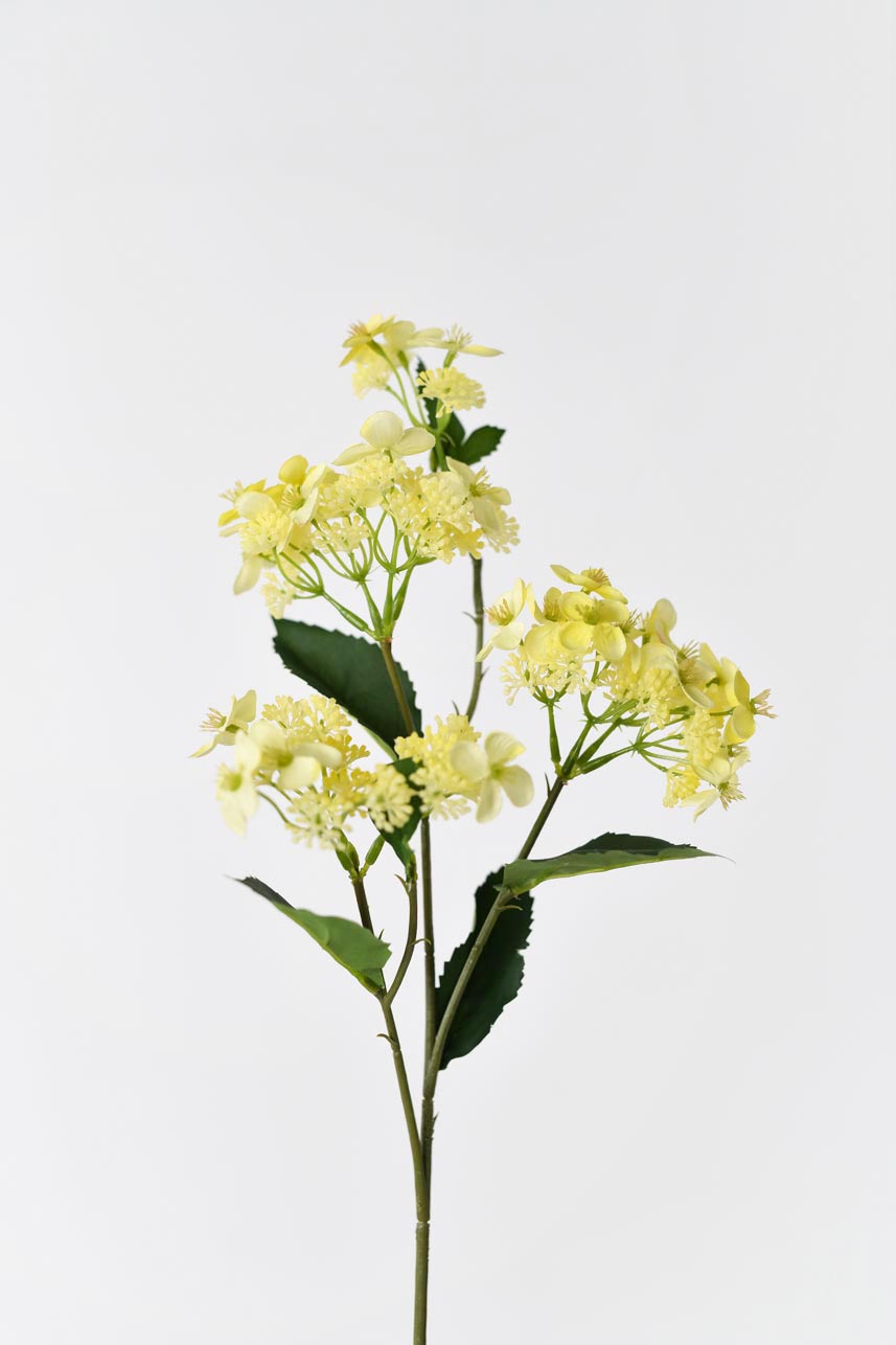Artificial yellow Hydrangea Hortensia silk flowers, 27-inch tall, silk blooming arrangement.