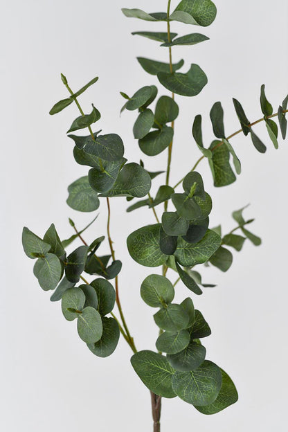 Faux green eucalyptus leaves arranged in a silk blooming arrangement, adding elegance to your space