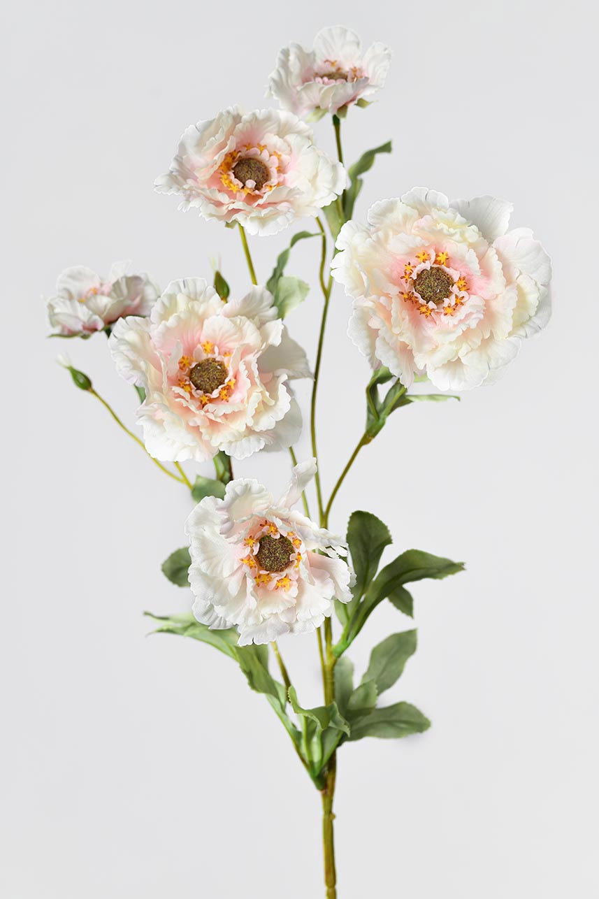 Hand-crafted soft pink lotus crane peony fake flowers with realistic colors, white petals and pink central stamens.